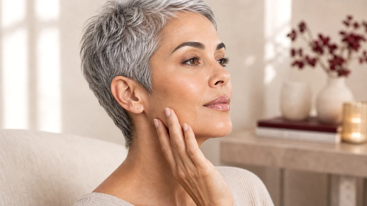 En separat editorial beautybild med annan modell och sidoprofil for att forklara ansiktsbalans utan medicinsk kansla. Botox och fillers - profilbild med fokus pa kindben och kaaklinje
