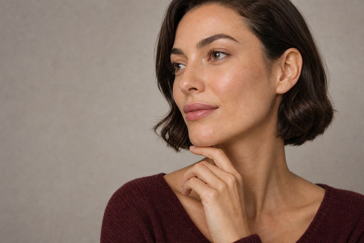 Beauty-porträtt med naturliga läppar och lugnt uttryck för läppfillers-guide.